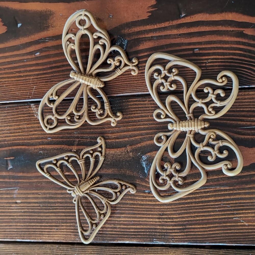 🦋 Retro Set Of 3 Vintage MCM Butterflies Wall Art Rattan Look